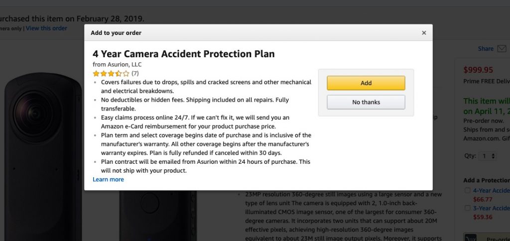 Amazon offers a 4-yr accident protection plan for Theta Z1