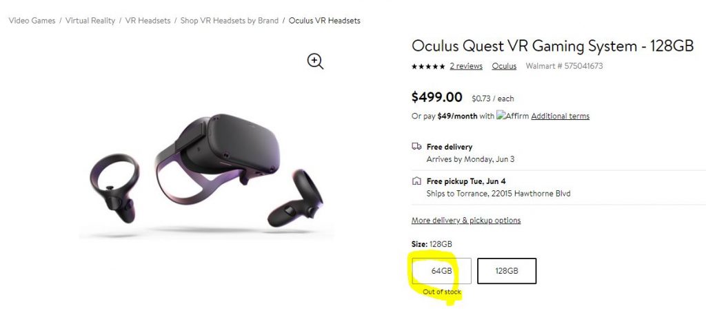 Oculus Quest 128GB in stock at Walmart