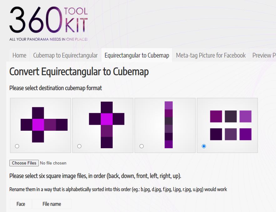 360 Toolkit can convert an equirectangular photo to cubemap faces